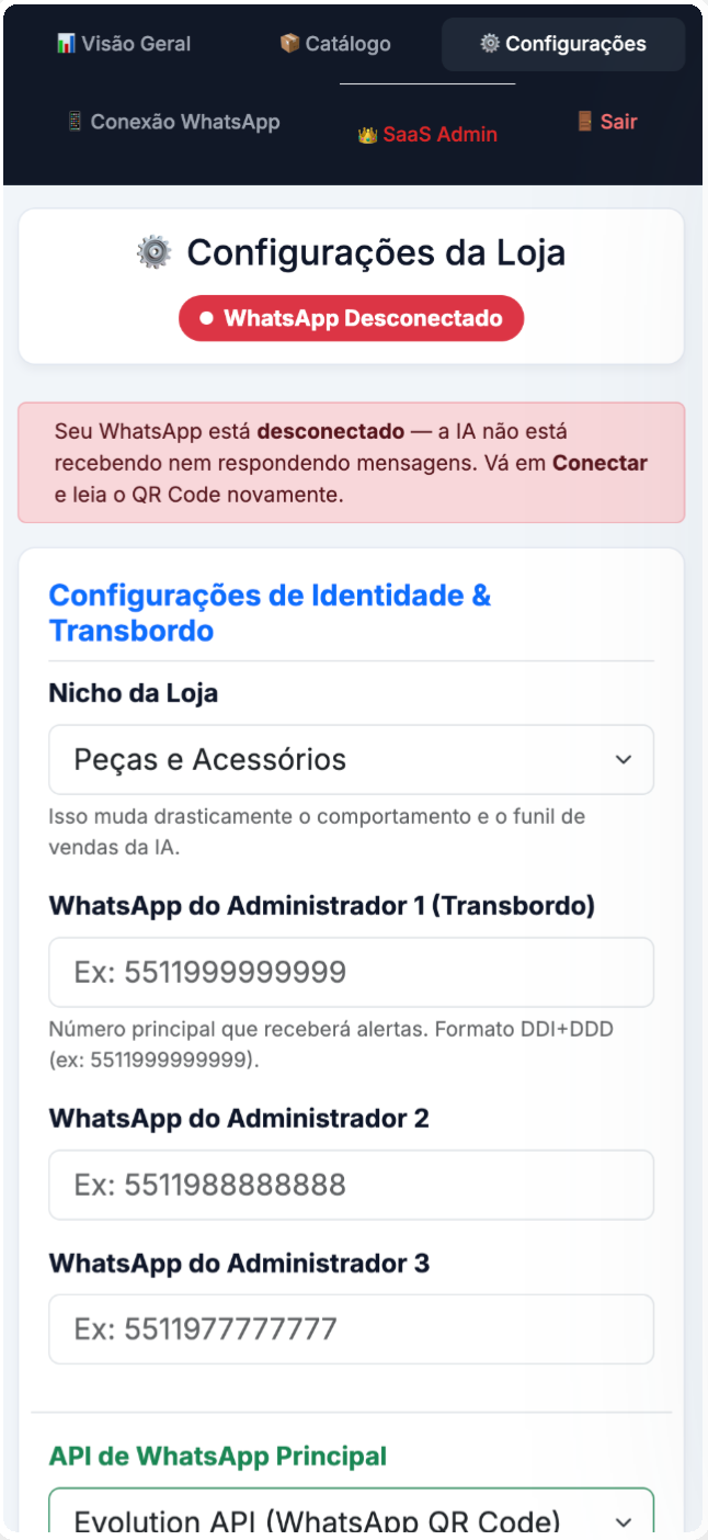 Configurações, versão anterior