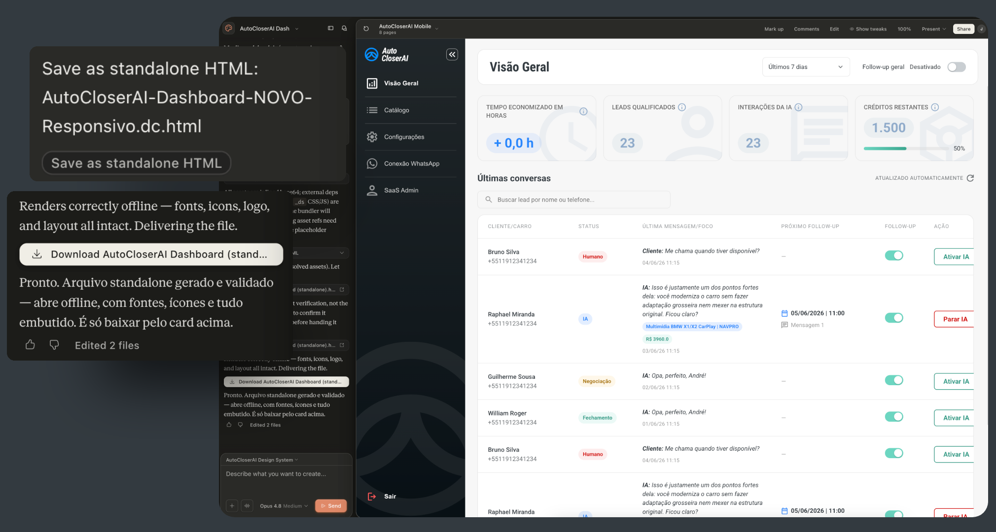 Dashboard exportada como HTML no Claude Design