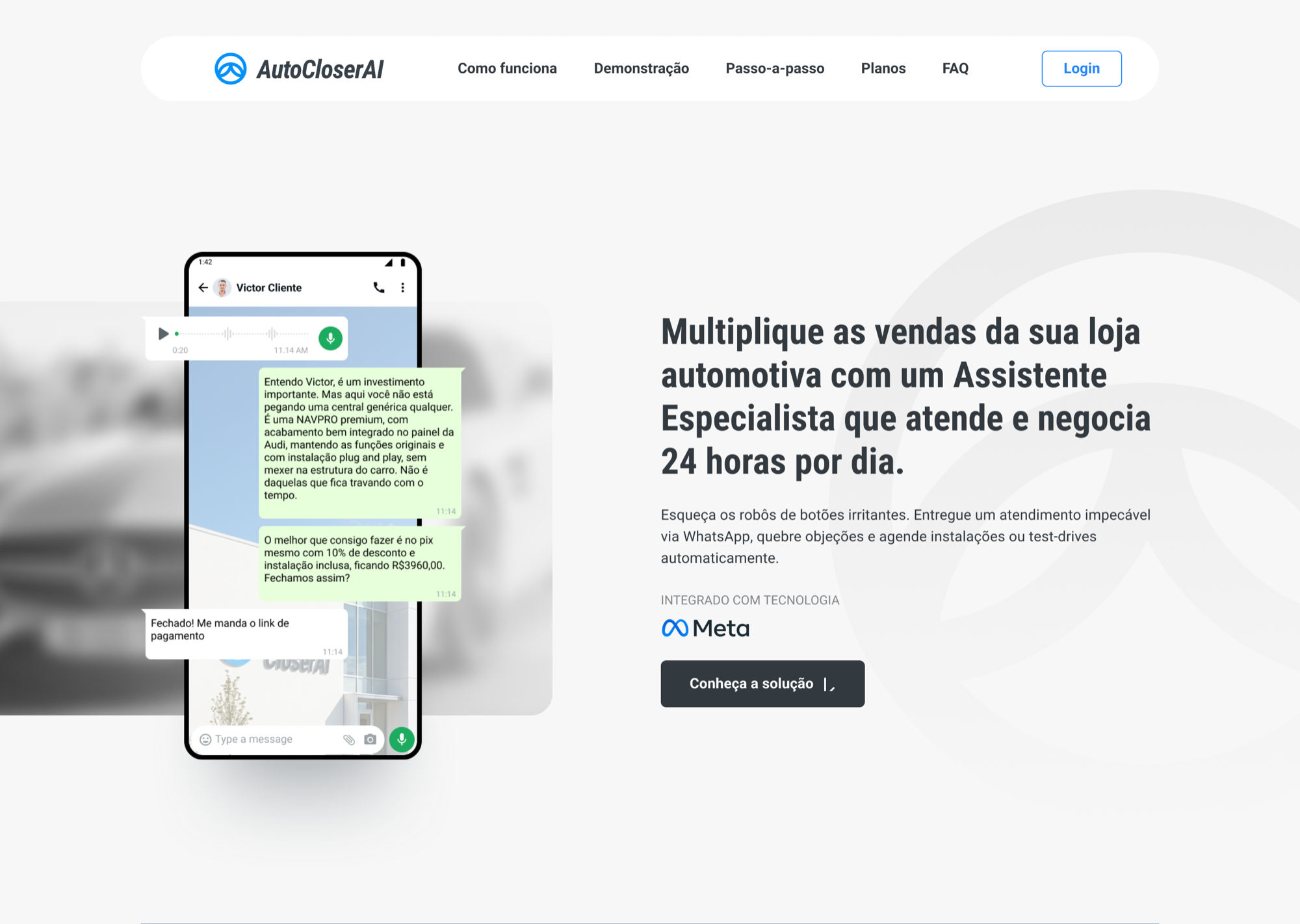 Landing page do AutoCloserAI no desktop