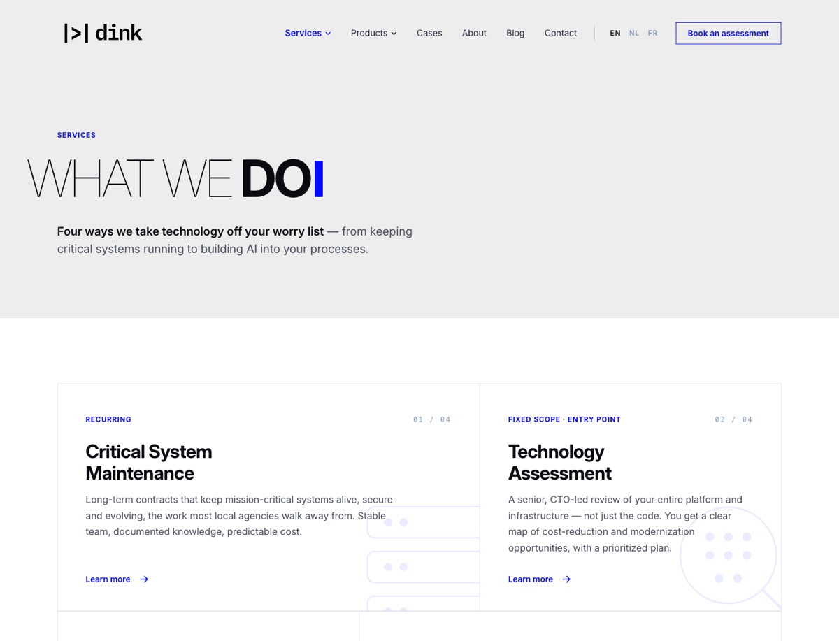 Página de serviços do site da Dink