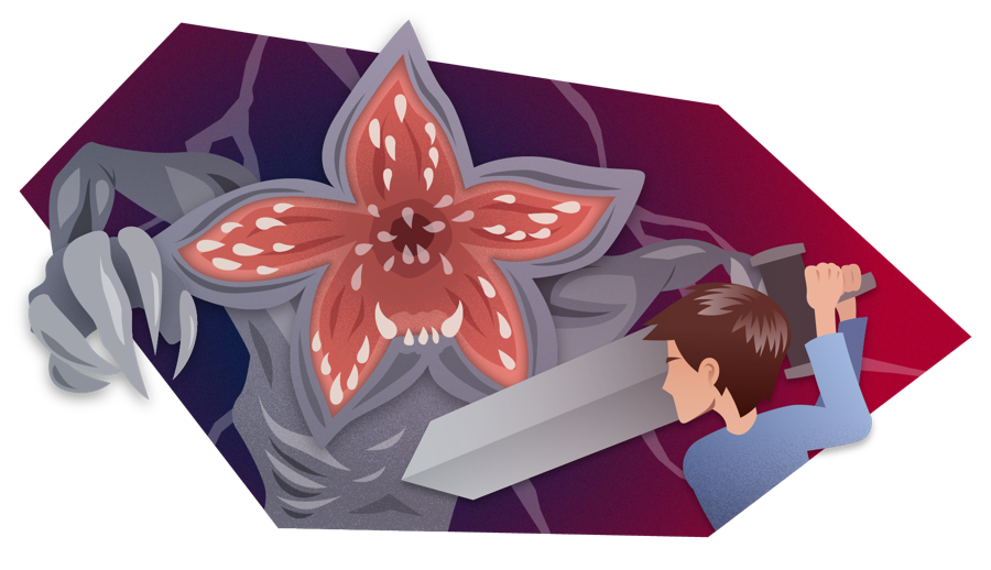 Ilustração de um desenvolvedor enfrentando um Demogorgon