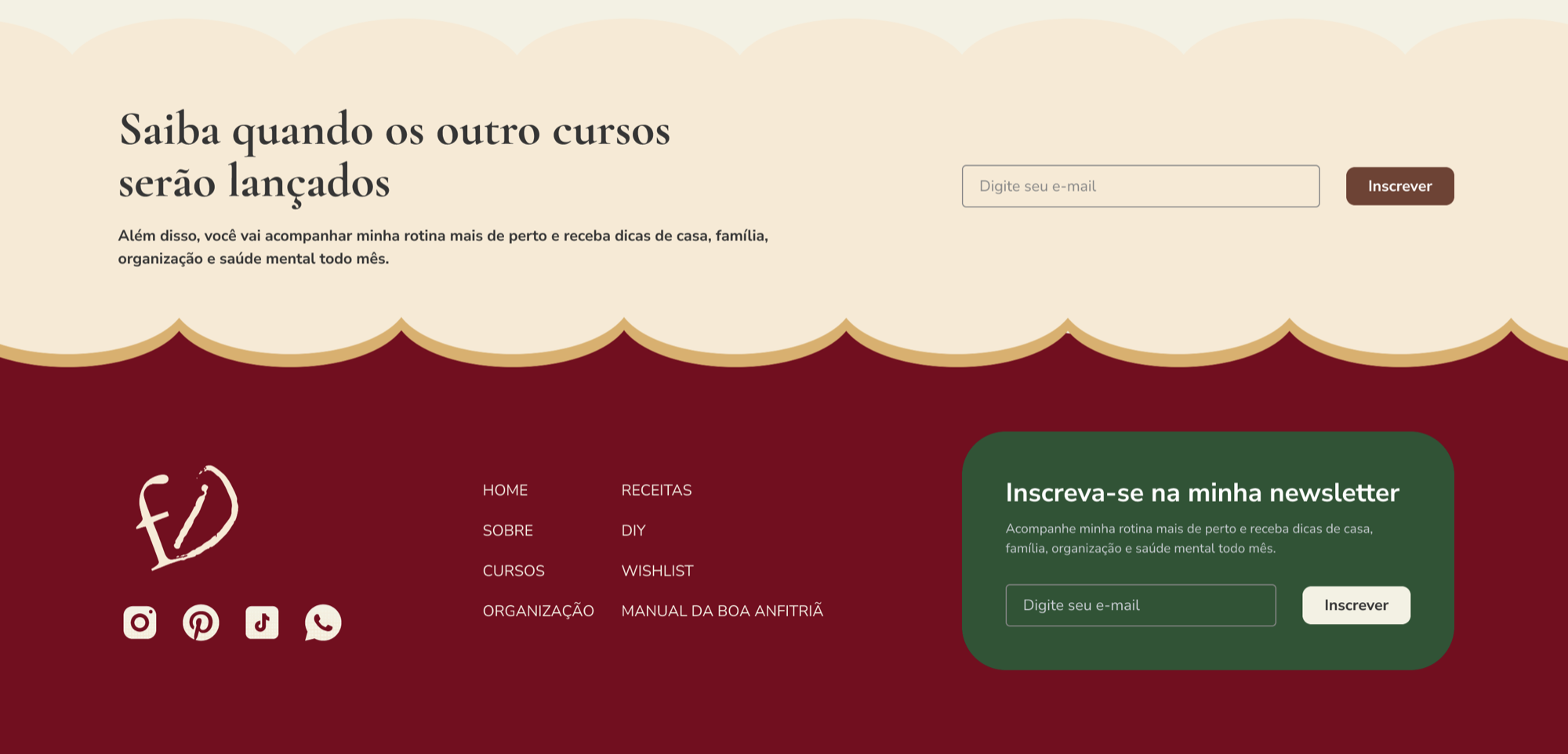Formulário de newsletter contextual e rodapé do site