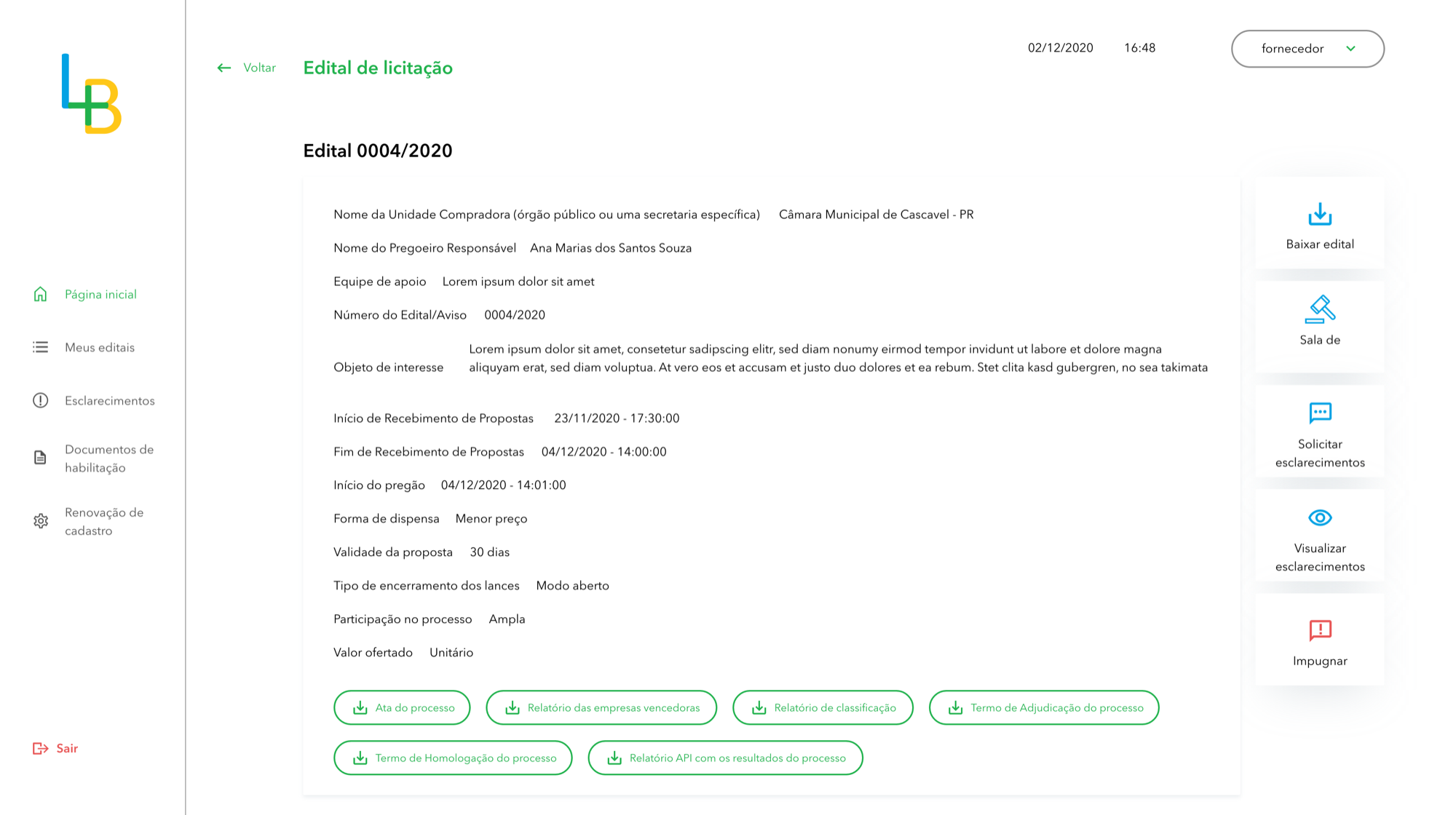 Tela da interface do fornecedor