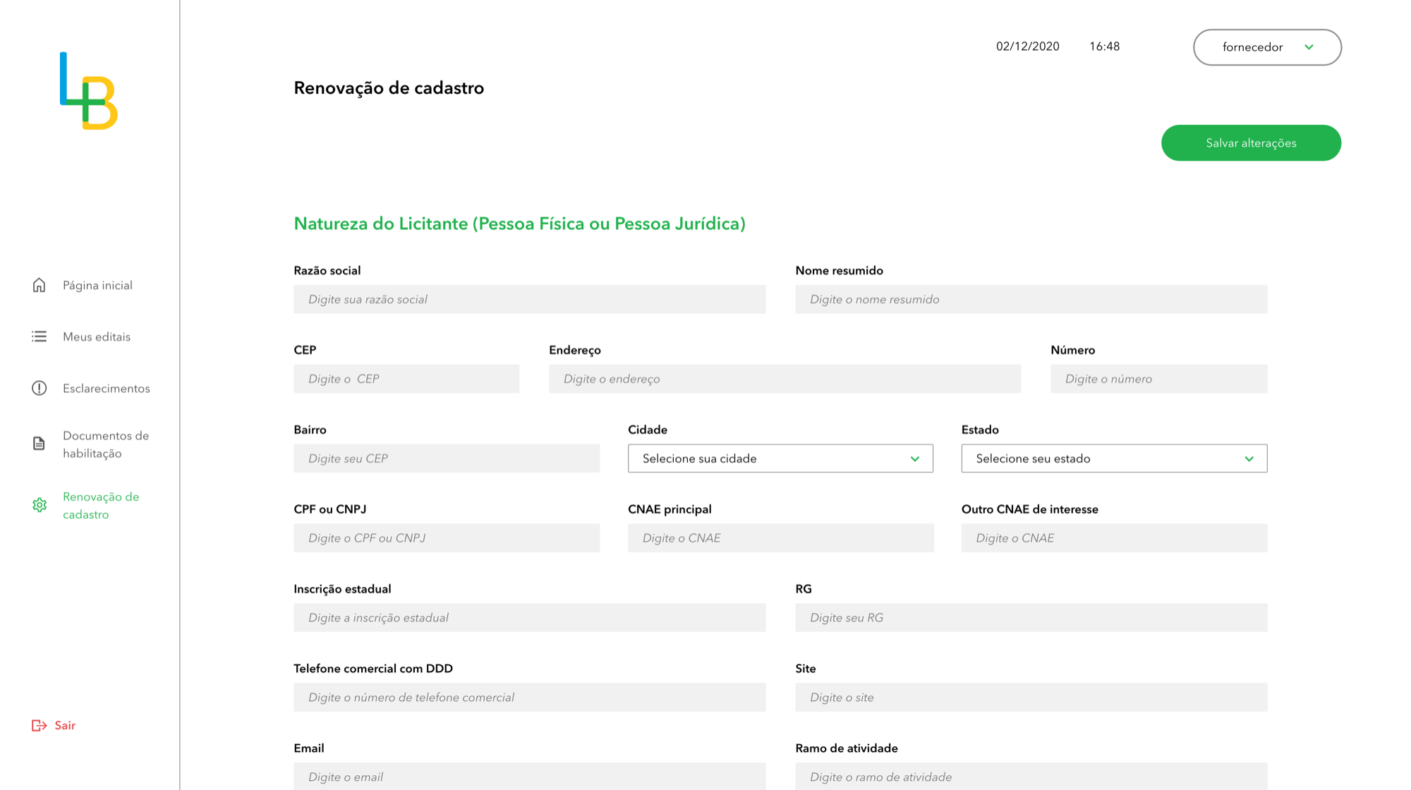 Tela da interface do fornecedor