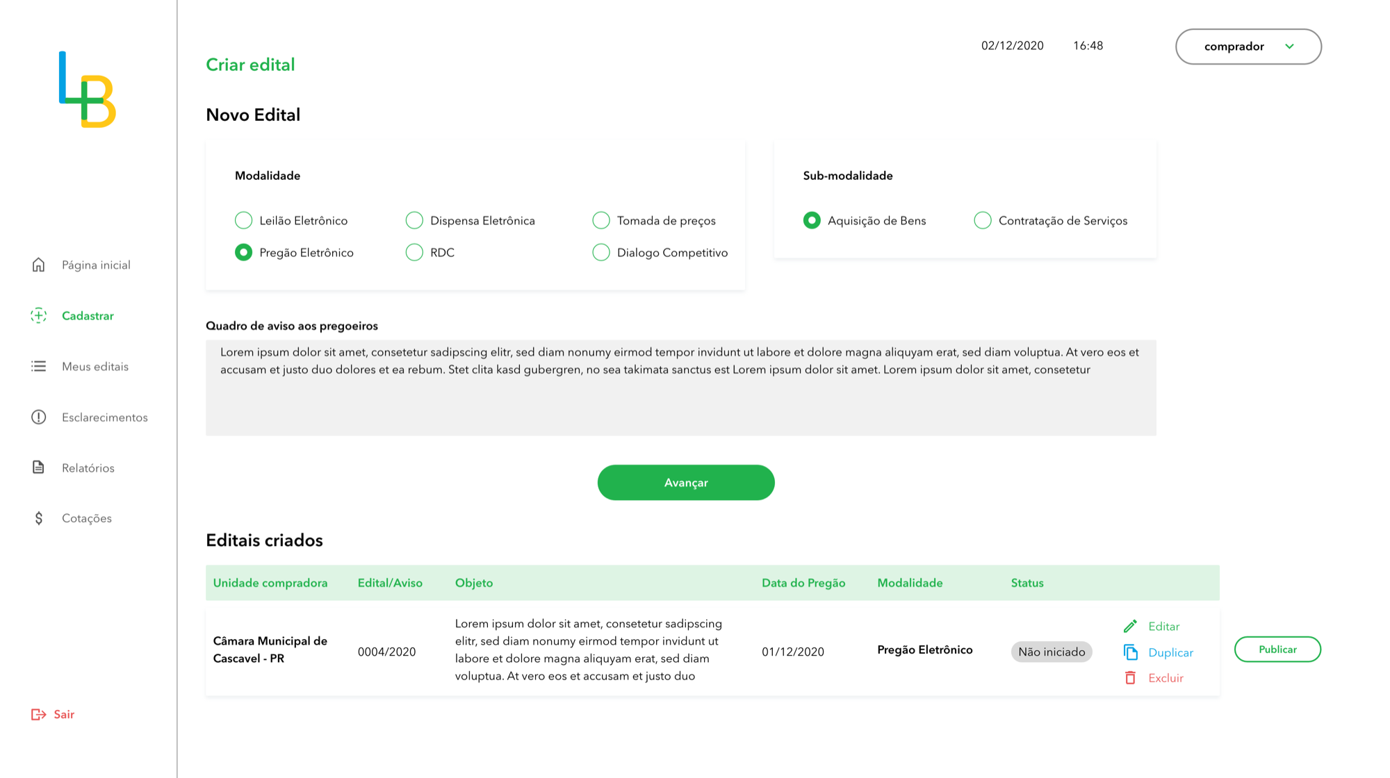 Tela da interface do comprador