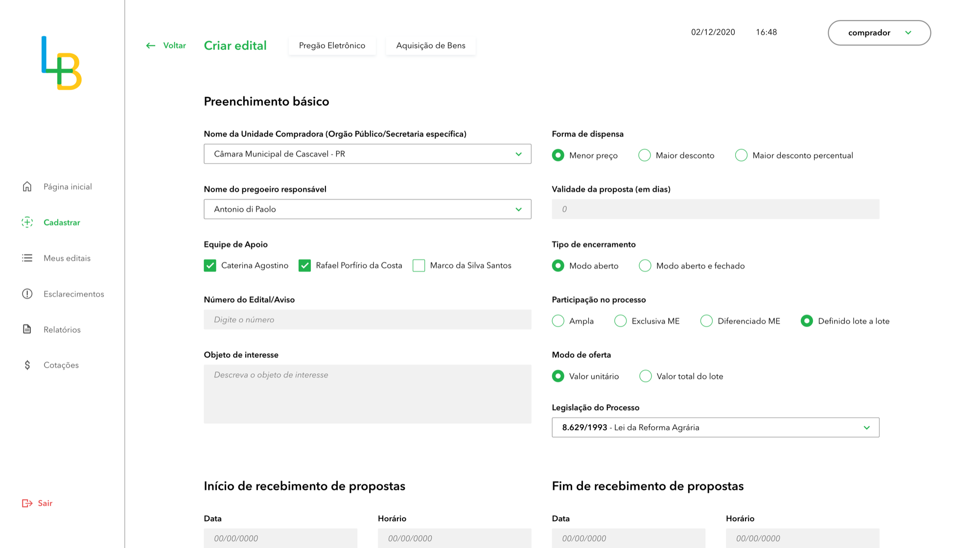 Tela da interface do comprador