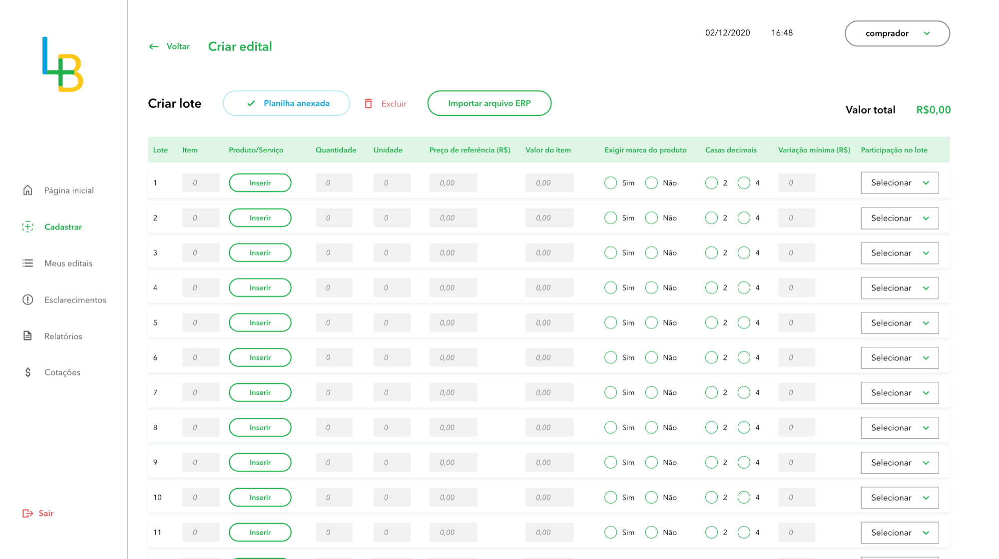 Tela da interface do comprador