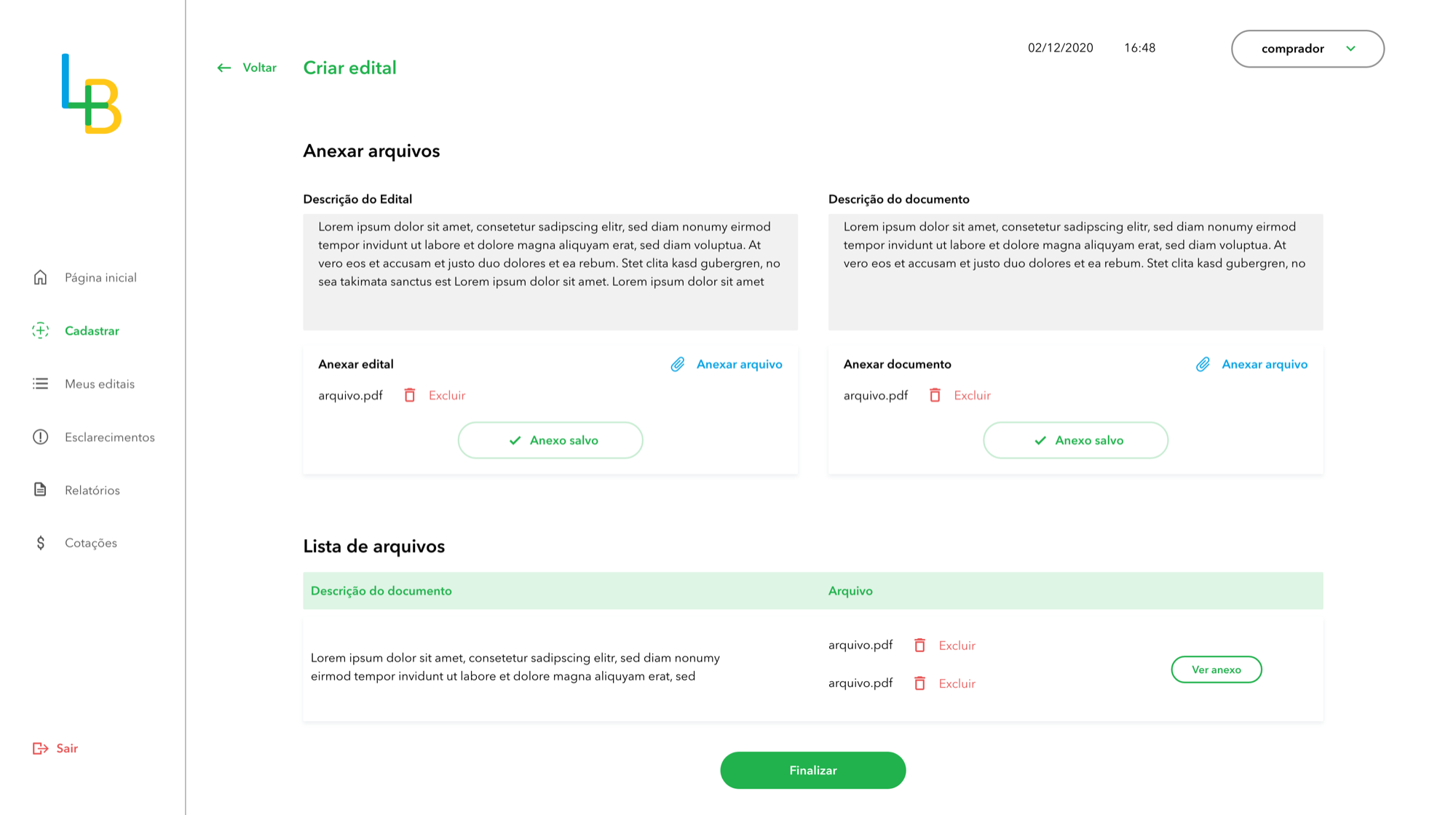 Tela da interface do comprador