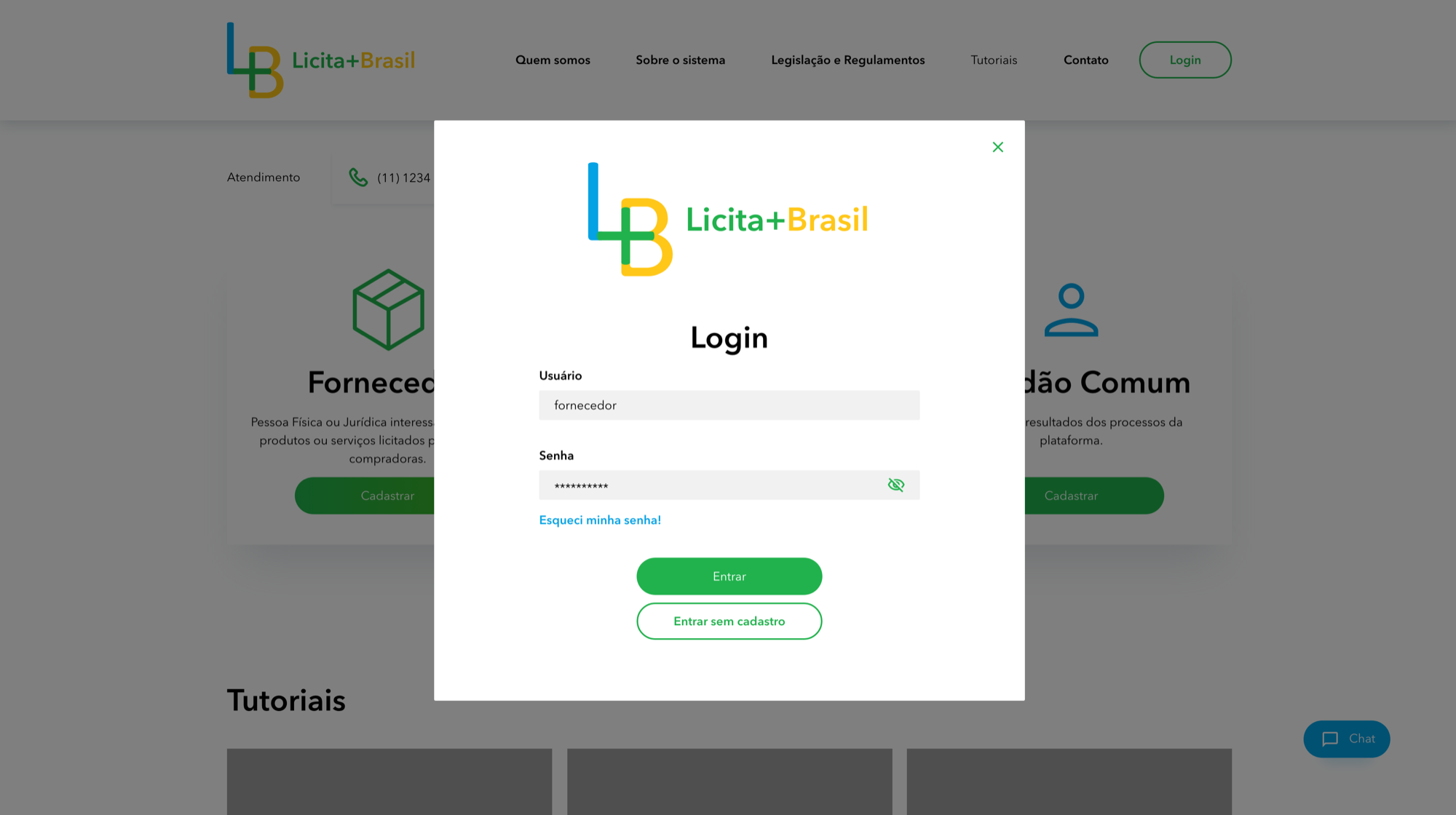 Login sobre a home