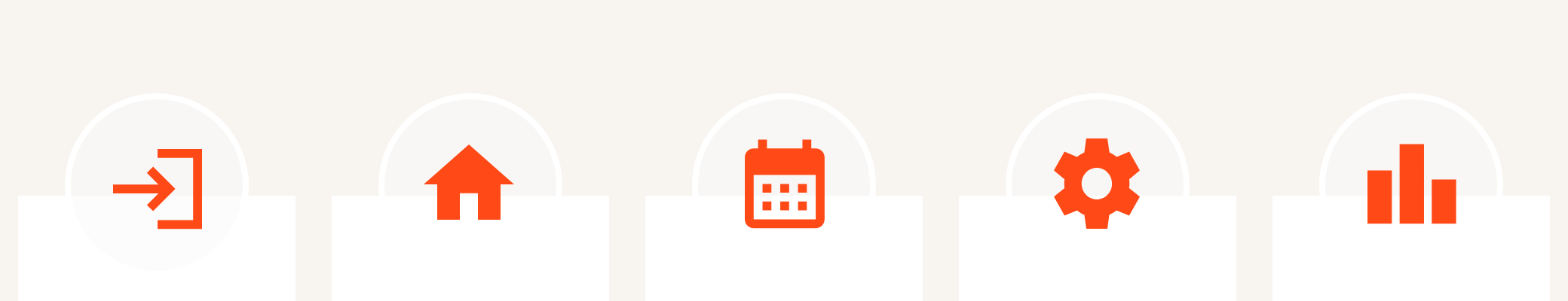 Ícones dos cinco módulos: onboarding, home, calendário, configurações e pontuação