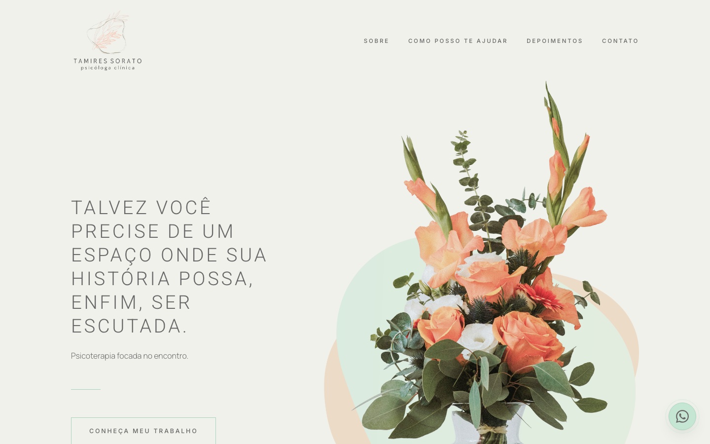 Primeira dobra do site da Tamires Sorato