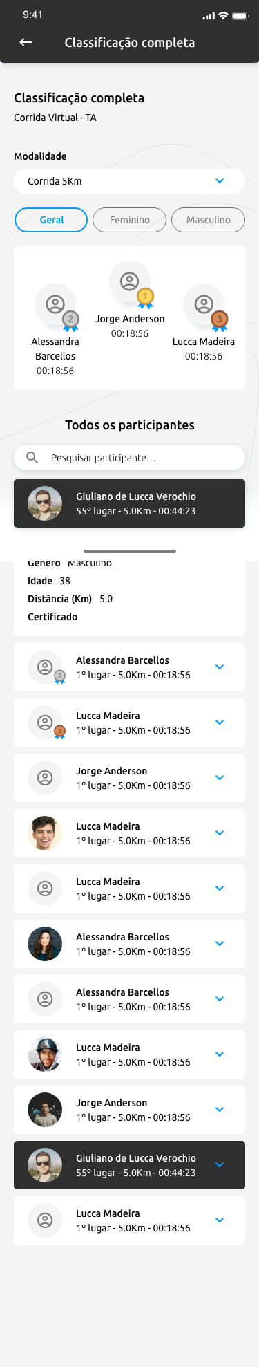 Tela de classificação completa