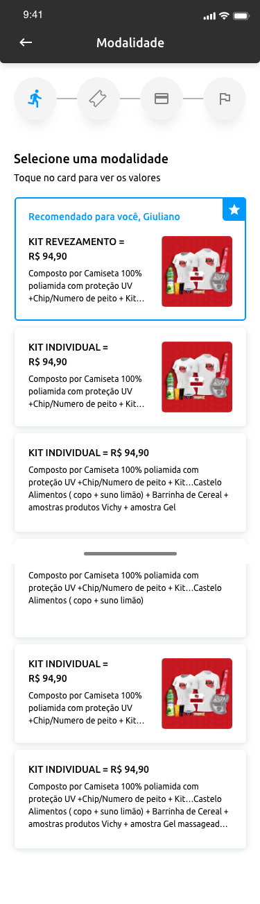 Tela de escolha da modalidade
