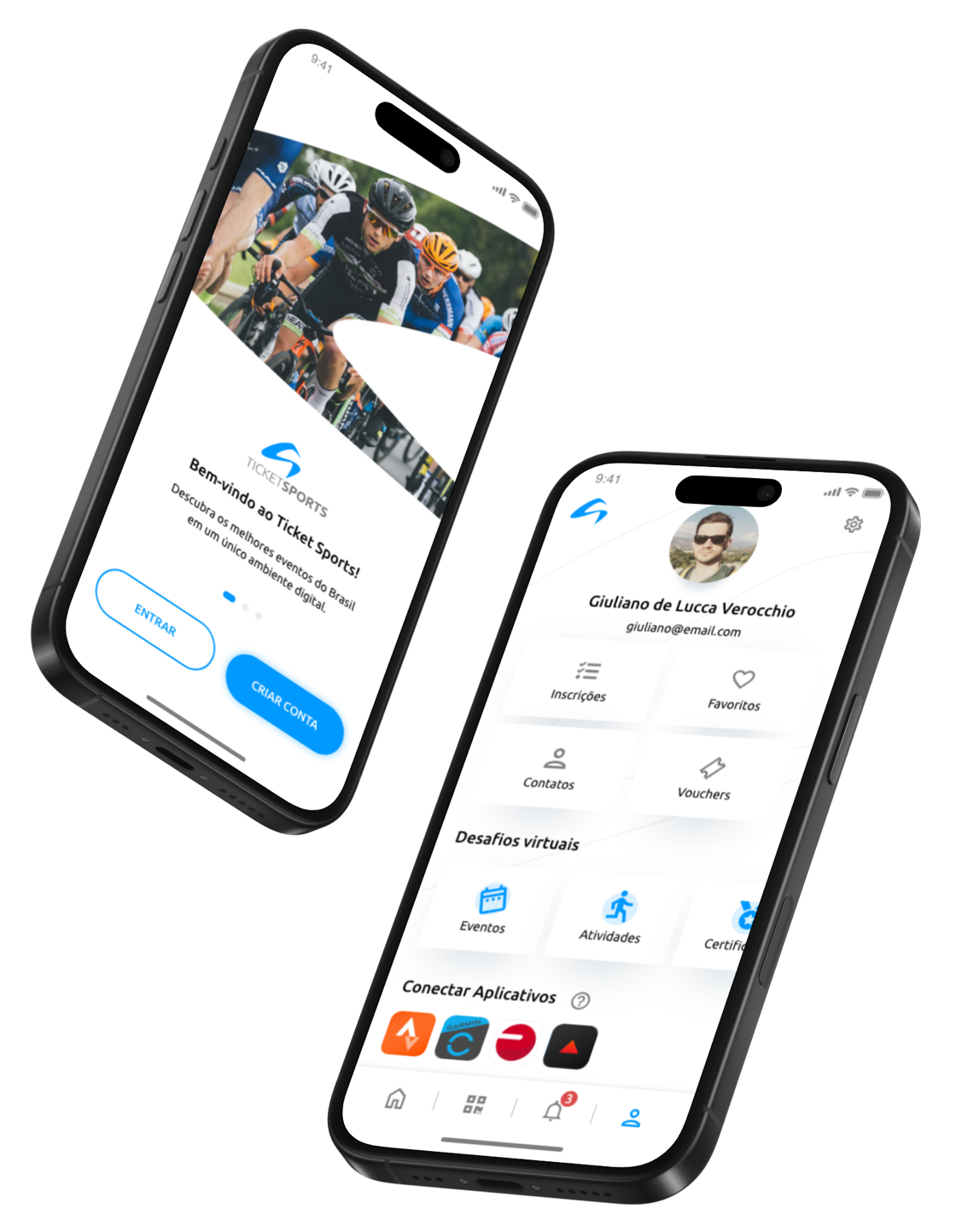 Telas do app Ticket Sports em dois iPhones