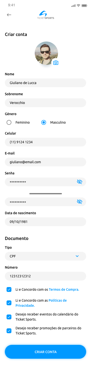 Tela de criar conta